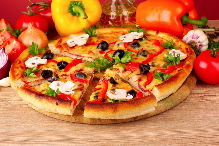 Pizza with Mushrooms, Olives, and Red Peppers