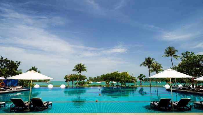 Resort swimming pool with ocean view in Malaysia