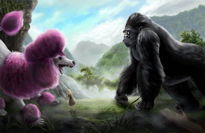 A Poodle and a Gorilla face off with a girl between them