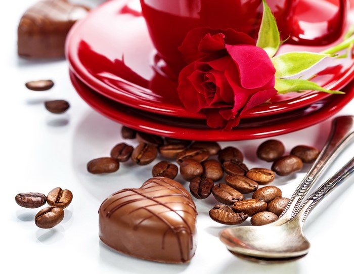 Valentine's Day Coffee with Rose and Chocolate