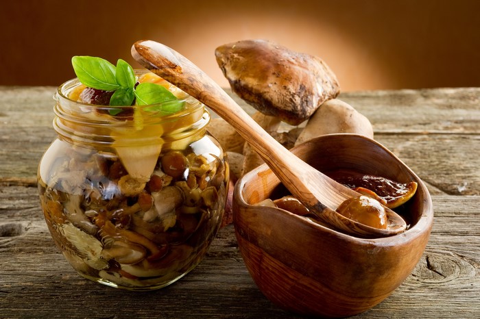 Mushrooms in a Jar and Bowl with Spoon