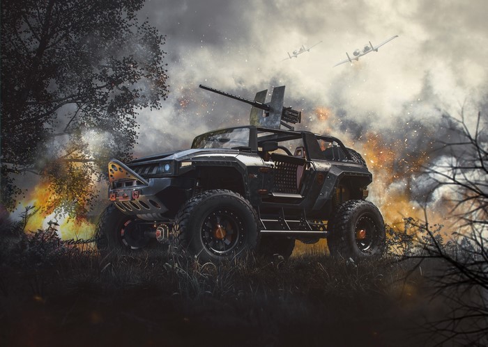 Armored Hummer with mounted gun and aircraft