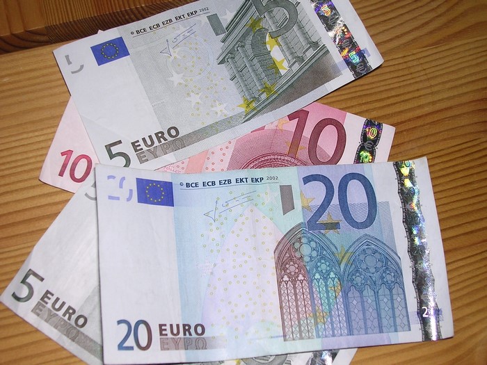 Euro banknotes: 5, 10, and 20