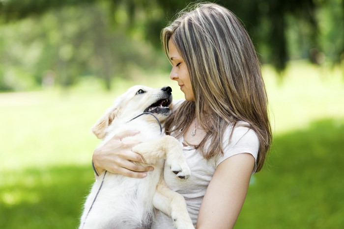 Woman holding a golden retriever puppy outdoors