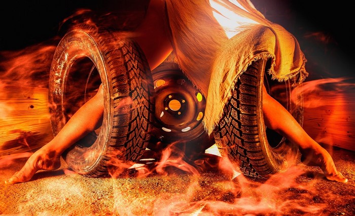 Legs and tires in fire