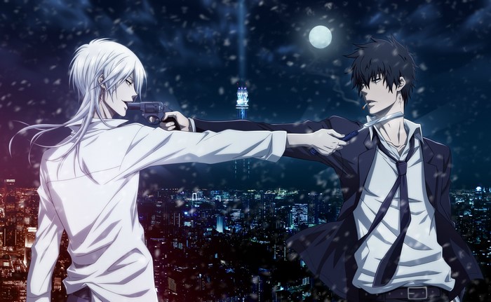 Shougo Makishima and Shinya Kougami from Psycho-Pass with guns