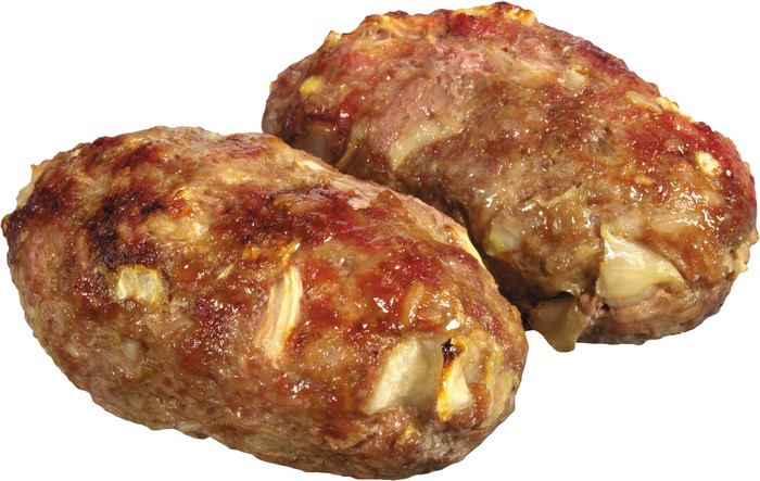 Two cooked meat patties with onions