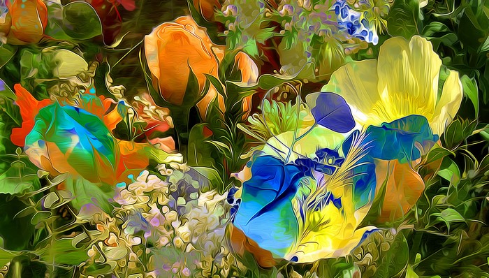 Abstract painting of colorful flowers and foliage