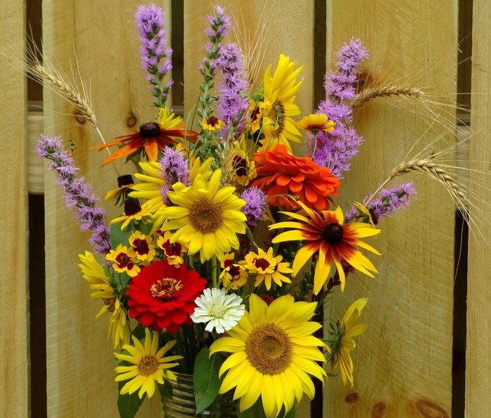 Bouquet of Zinnias and Sunflowers with Wheat