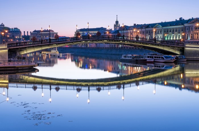 Luzhkov Bridge over Moscow River at Dusk