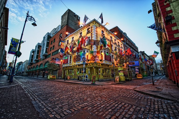 Temple Bar, Dublin, Ireland with flags