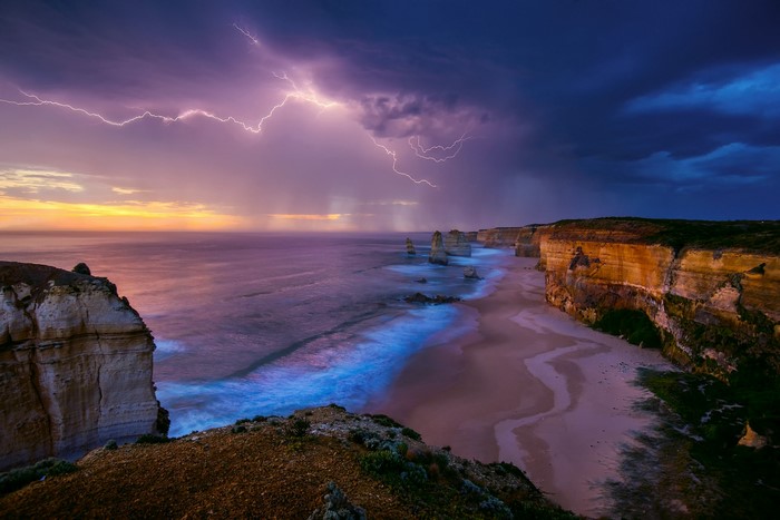 Lightning strikes over the Twelve Apostles, Australia