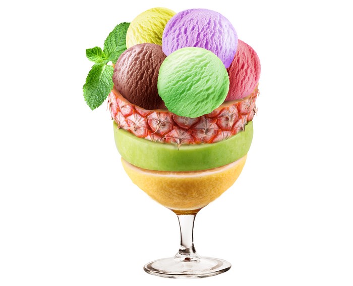 Ice cream scoops in a fruit parfait