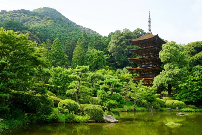 Pagoda in a Japanese Garden with Pond and Mountains