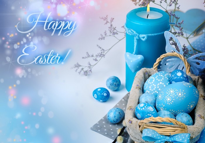 Happy Easter blue eggs and candle