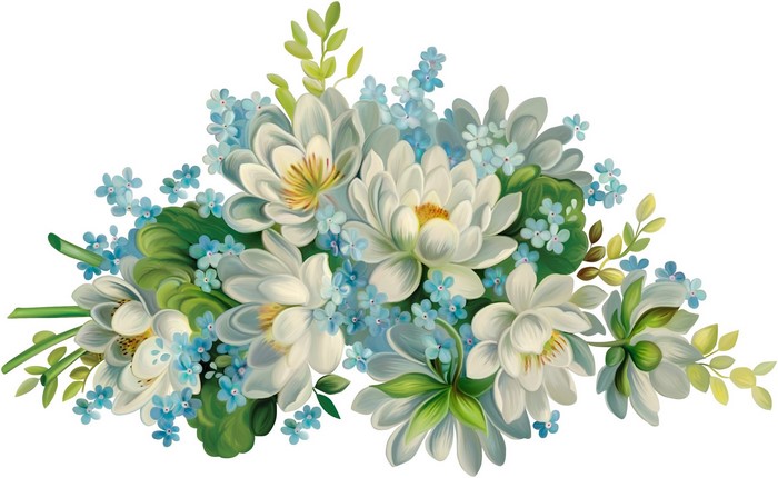 Painting of white lotus flowers and blue forget-me-nots