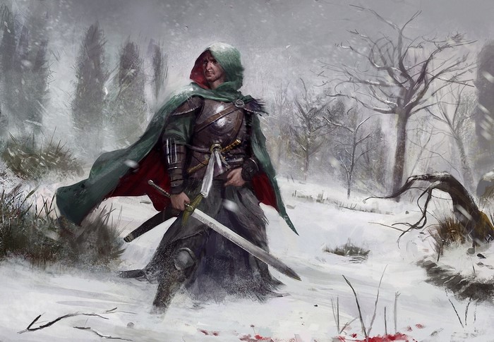 Warrior in green cloak with sword in snowy forest