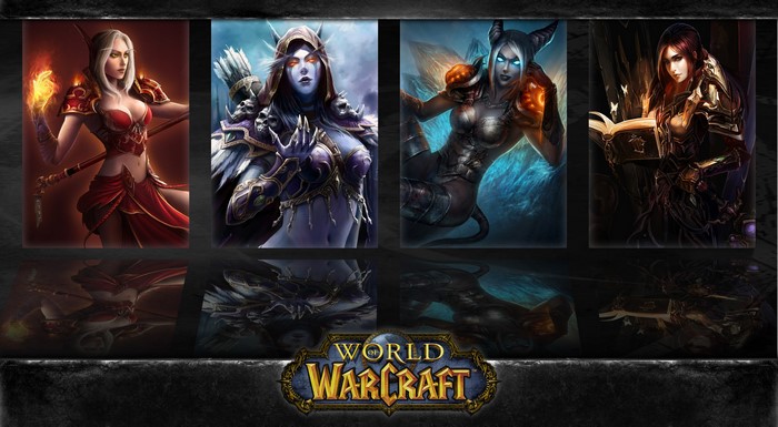 World of Warcraft characters: Blood Elf Mage, Undead Hunter, Demon Hunter, Human Scholar