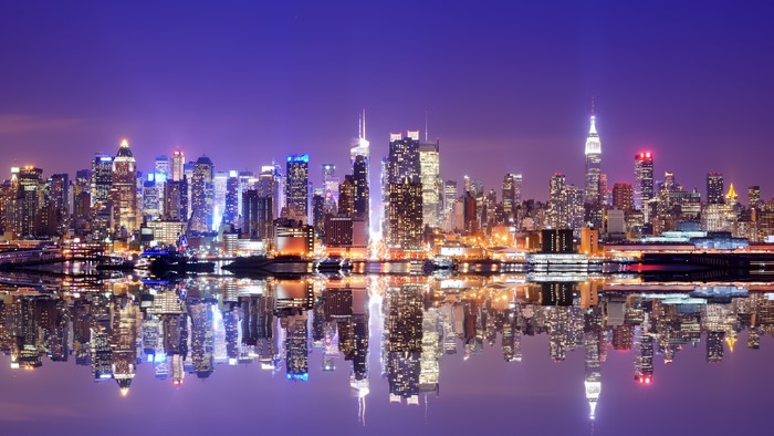 New York City Skyline at Night with Reflections
