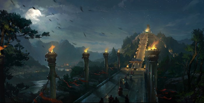 Night scene with torches and a moonlit temple on a mountain