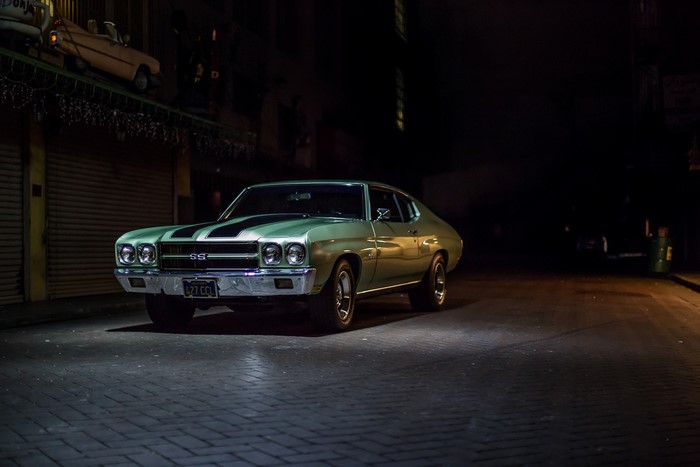 Green 1969 Chevrolet Chevelle SS at Night