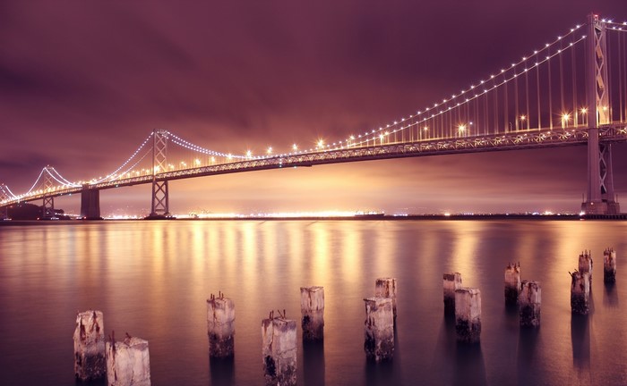 Bay Bridge at Night with Water Reflections