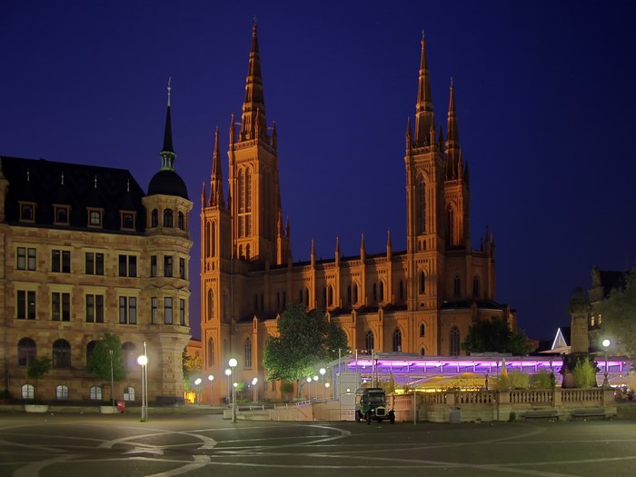Marktkirche and City Hall in Wiesbaden, Germany at Night