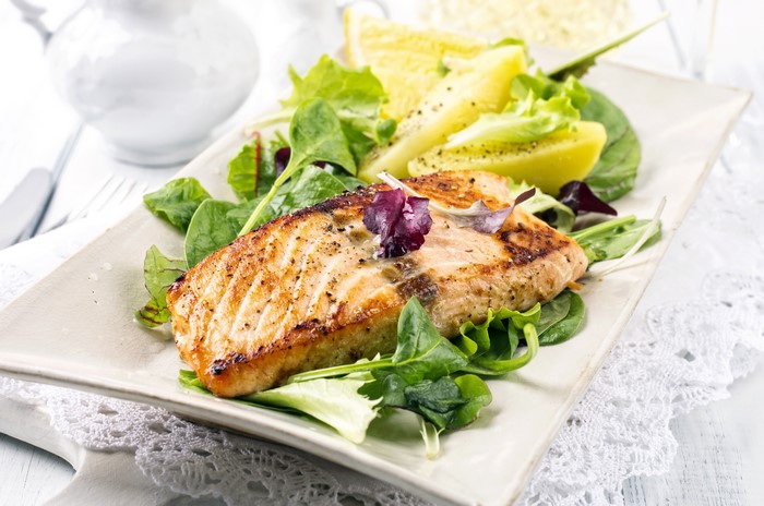 Seared Salmon Fillet with Potatoes and Salad