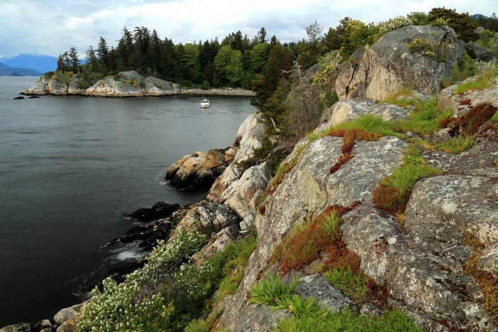 Rocky Coastline with Boat and Mountains, Vancouver, Canada