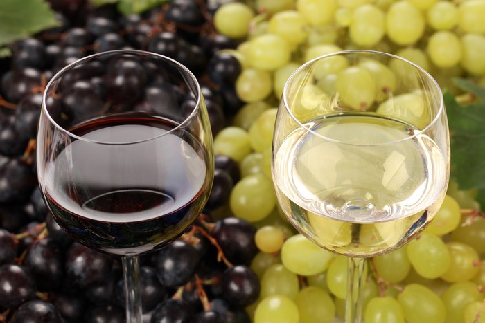 Red and White Wine with Grapes