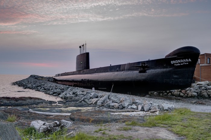 The Onondaga submarine on display by the water
