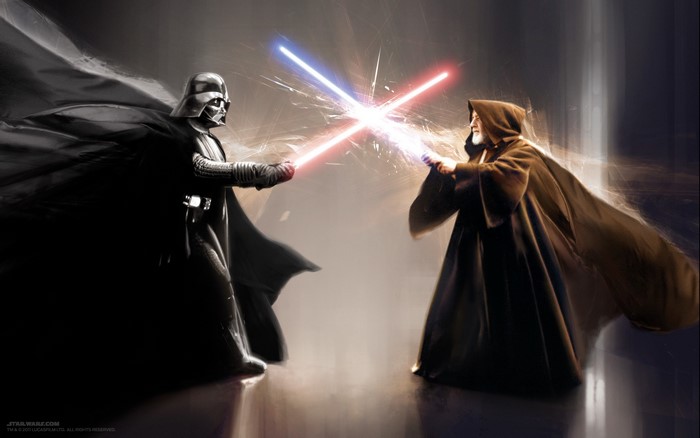 Darth Vader and Obi-Wan Kenobi from Star Wars fighting with lightsabers