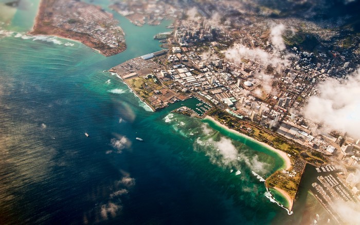 Aerial view of Honolulu, Hawaii coastline and harbor