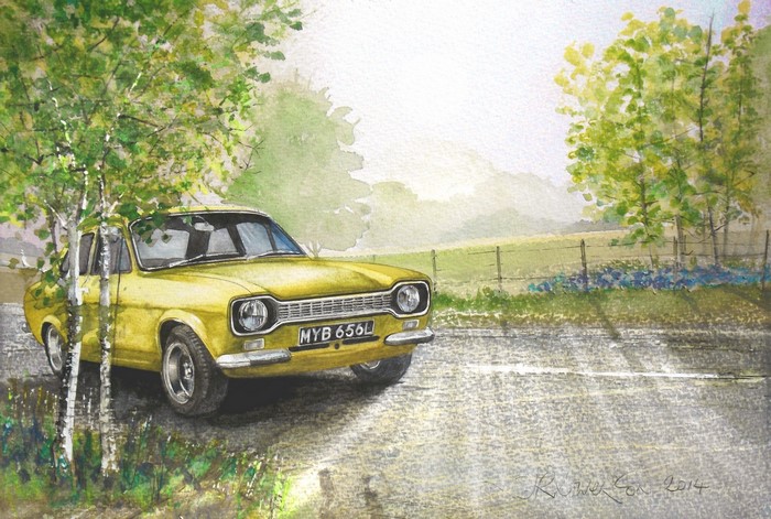 Yellow Ford Escort painting with birch trees