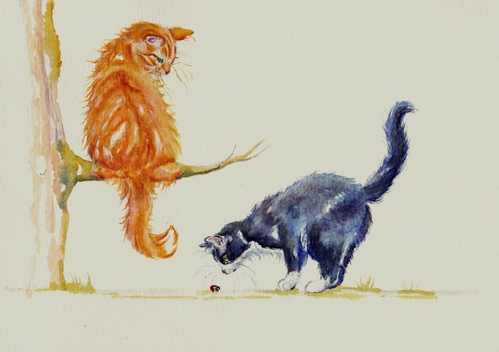 Two cats and a ladybug painting