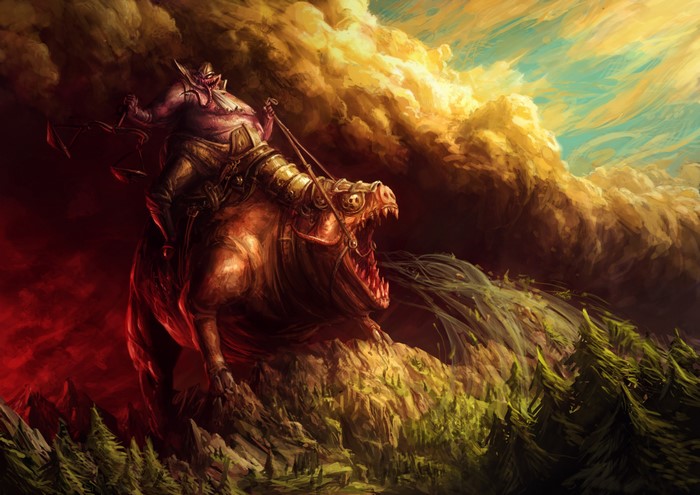 A monstrous creature with a rider on a mountain