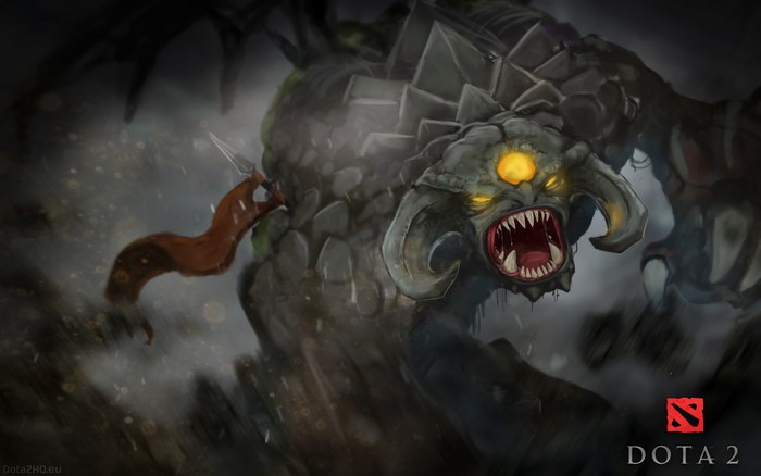 Roshan from DOTA 2 roaring with a warrior