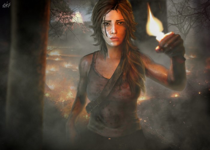 Lara Croft from Tomb Raider holding a torch