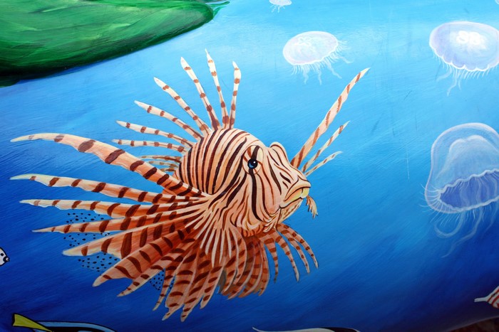 Painting of a Pterois lionfish and jellyfish
