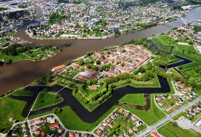 Aerial view of Fredrikstad, Norway with river and fortress