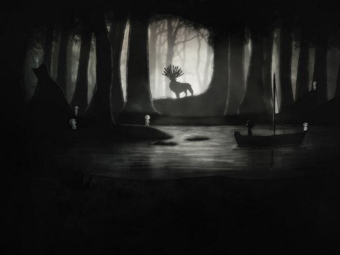 Forest spirits and a deer in a dark forest