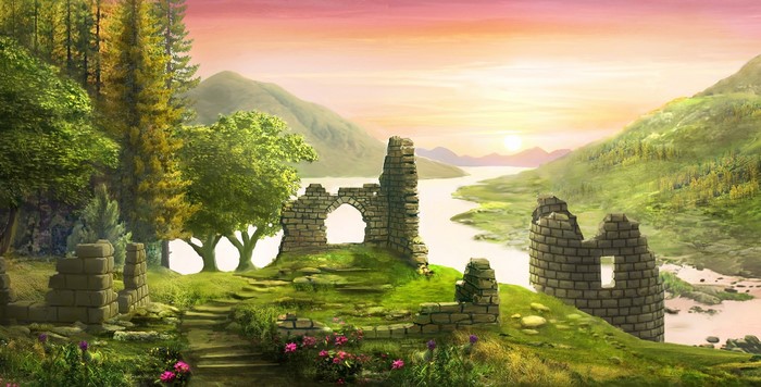 Ruins of a castle by a river at sunset