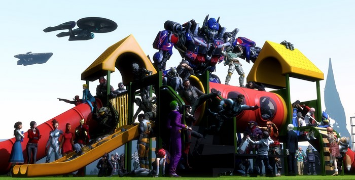 Optimus Prime and various characters on a playground