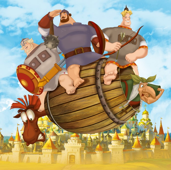 Alyosha Popovich, Dobrynya Nikitich, Ilya Muromets on a barrel