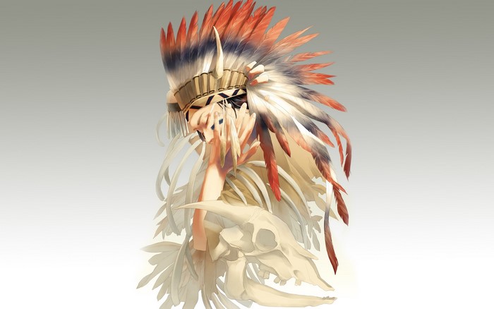Anime girl with Native American headdress and animal skull