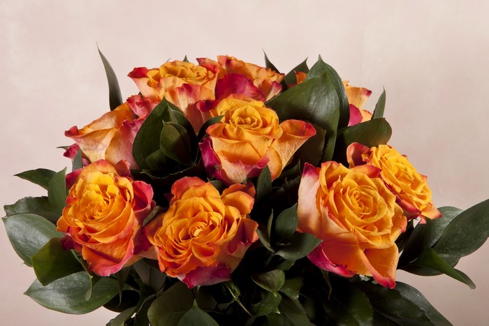 Bouquet of orange and red roses with green leaves