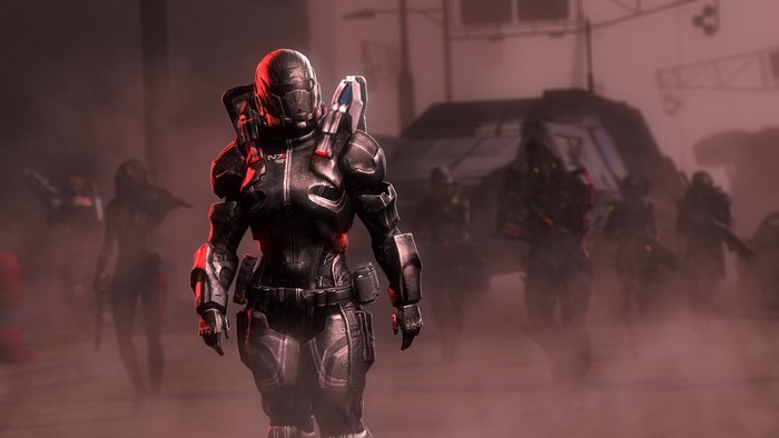Mass Effect soldiers in armor on a foggy battlefield