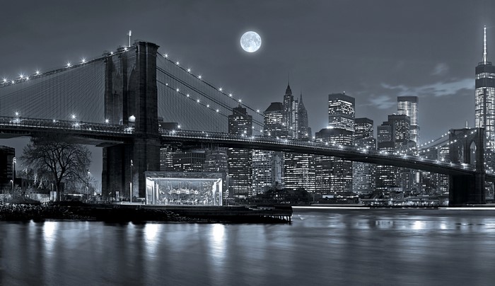 Brooklyn Bridge and Manhattan Skyline at Night with Moon