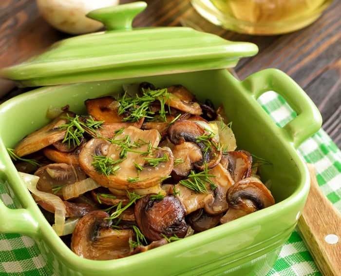 Sautéed Mushrooms with Dill in a Green Pot