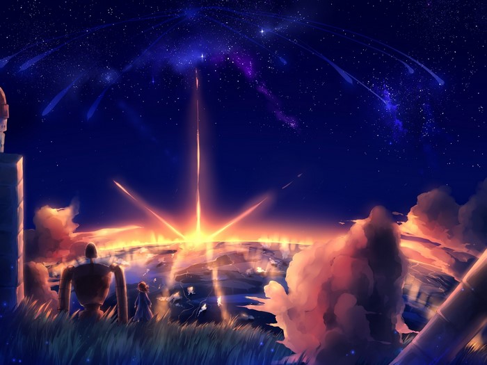 Robot and girl watching a sunrise over a city from Laputa: Castle in the Sky